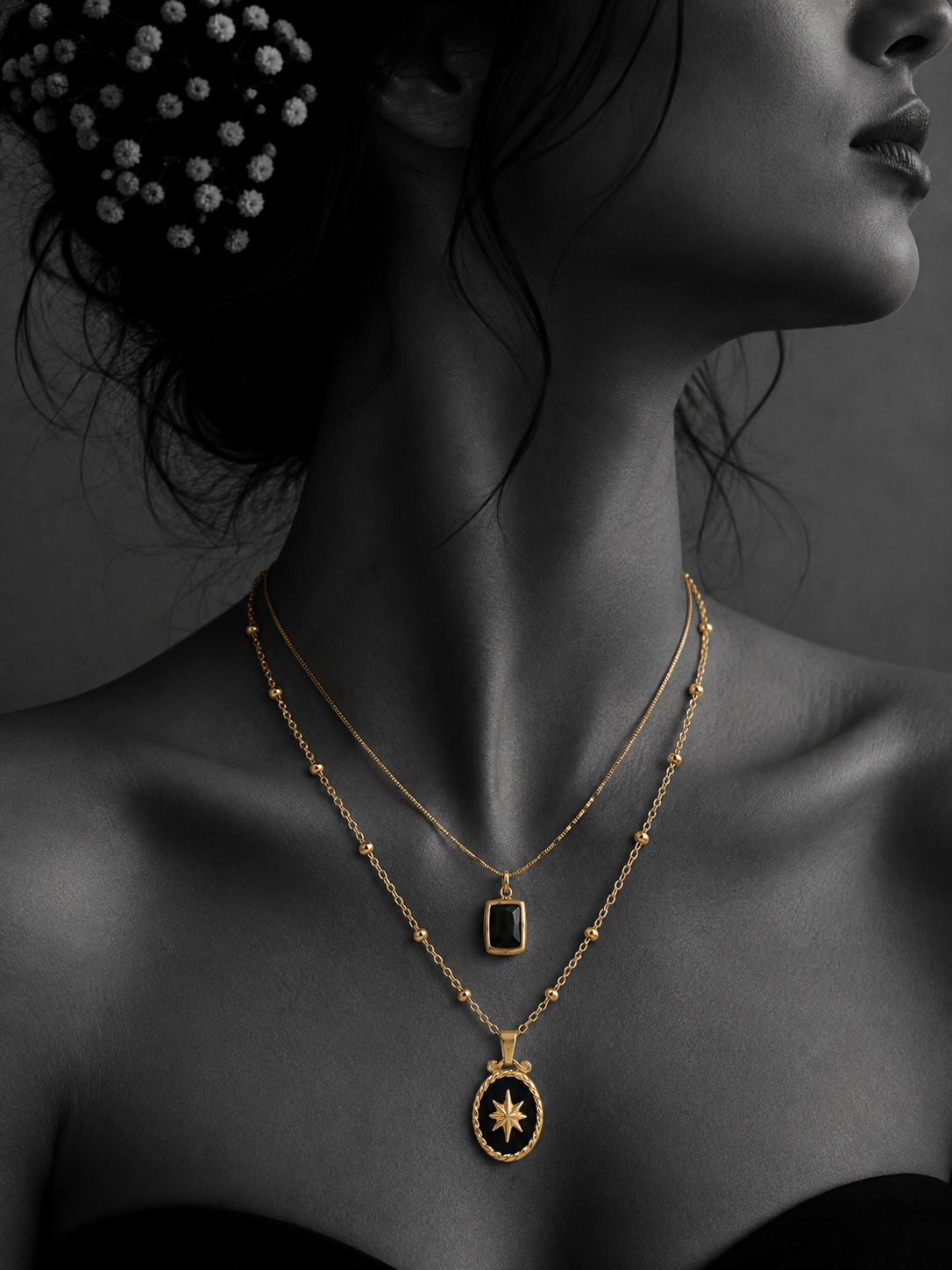 Celestial Black Charm Layered Necklace